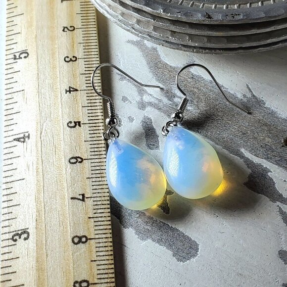 Opalite Gemstone Puffed Teardrop Handcrafted Translucent Dangle Earrings - Picture 4 of 4